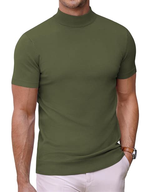 Mens Mock Turtleneck Sweater Short Sleeve Solid Color T Shirts Basic Slim Fit