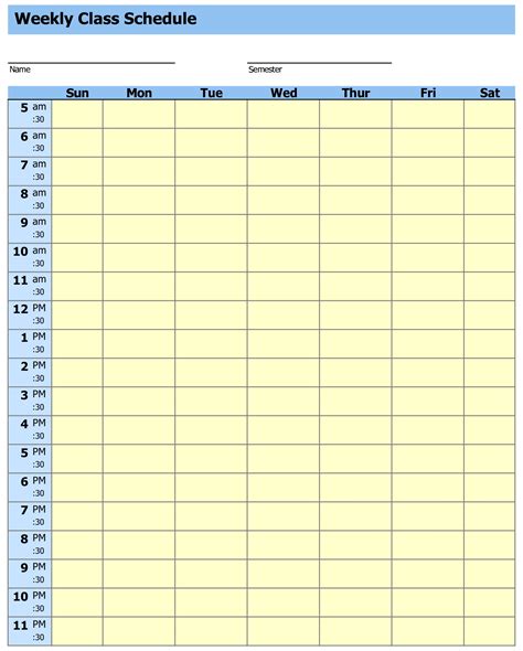 5 Best Printable Blank Class Schedule