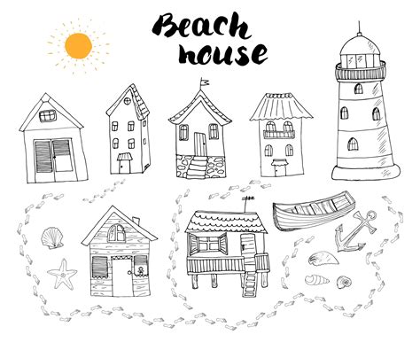 Beach Huts And Bungalows Hand Drawn Outline Doodle Set With Light House