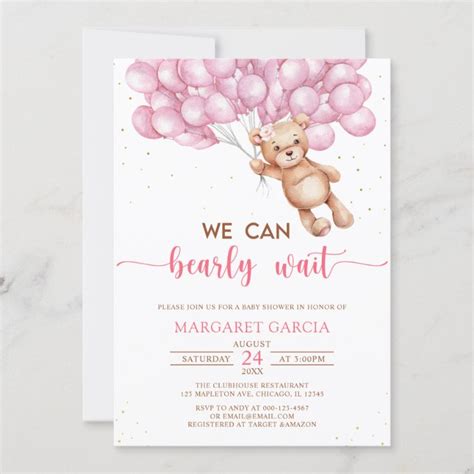 Pink Bear With Balloons Teddy Bear Baby Shower Invitation