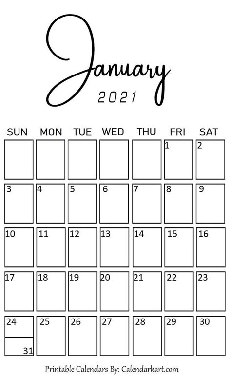 January 2021 Portrait Vertical Style Calendar Calendar Printables