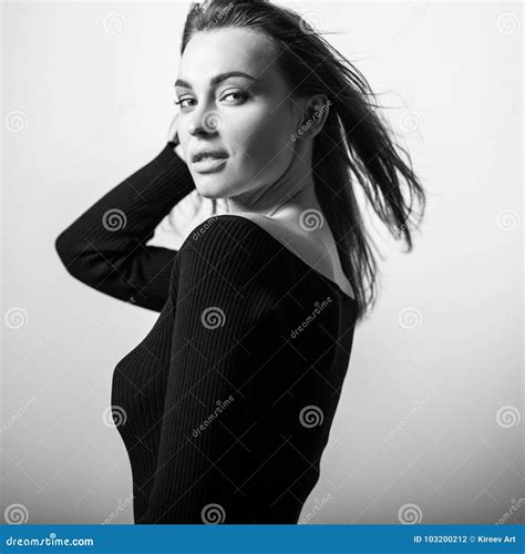 Young Sensual Model Woman Pose In Studio Black White Photo Stock