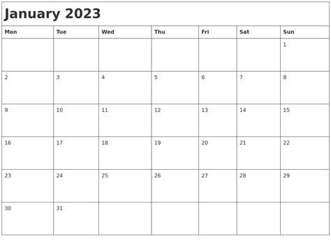 January 2023 Month Calendar