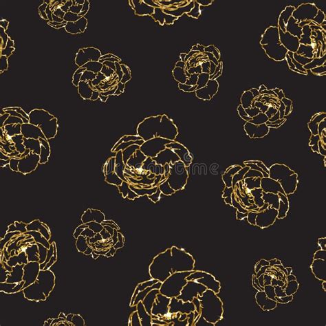Gold Glittering Peony Seamless Pattern Floral Golden Background Stock