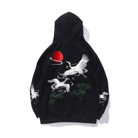 japanese harajuku streetwear kanji hoodie urban red sun cranes etsy