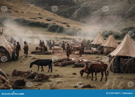 Nomadic Tribe Setting Up Camp With Tents And Livestock Stock Image