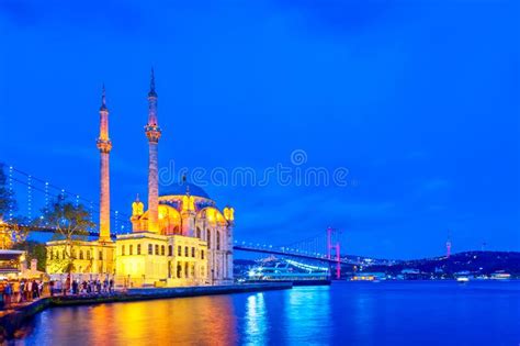 The Bosphorus Bridge And The Ortakoy Mosque During Twilight Sunset In