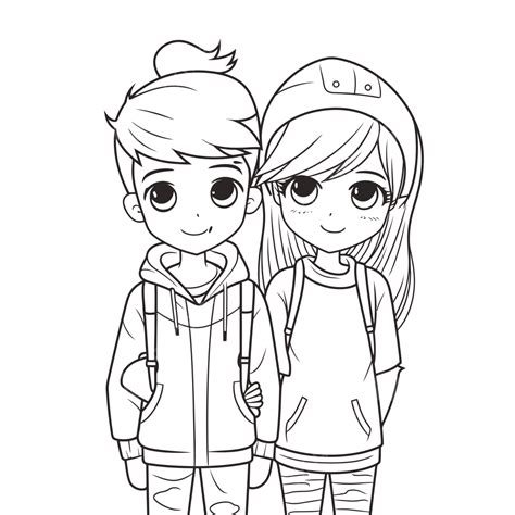 Coloring Pages Of The Cute Girl And Boy Outline Sketch Drawing Vector