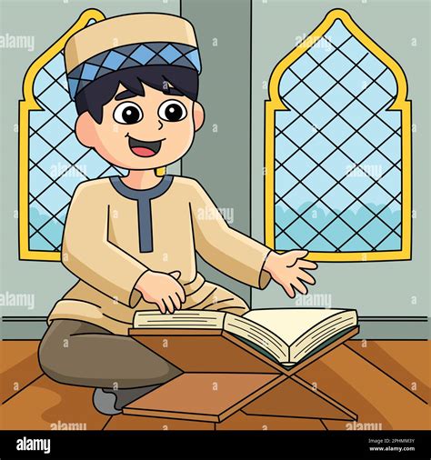 Ramadan Muslim Boy Reading Quran Colored Cartoon Stock Vector Image