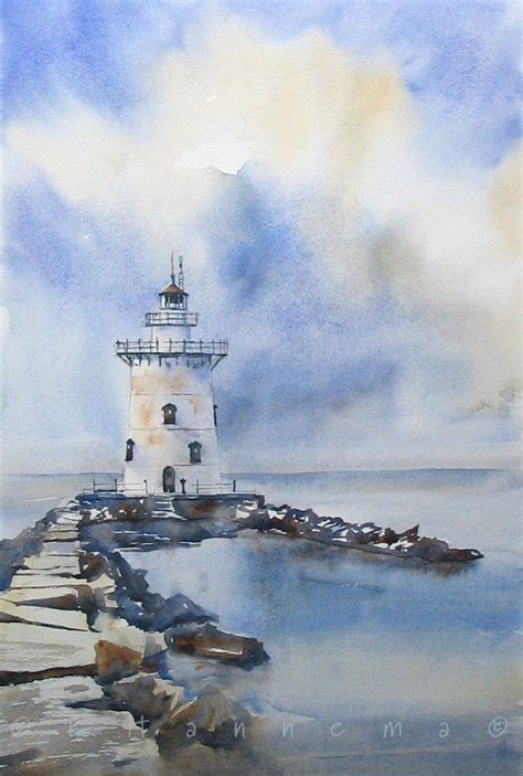 Lighthouse With Stones Lighthouse Painting Watercolor Landscape