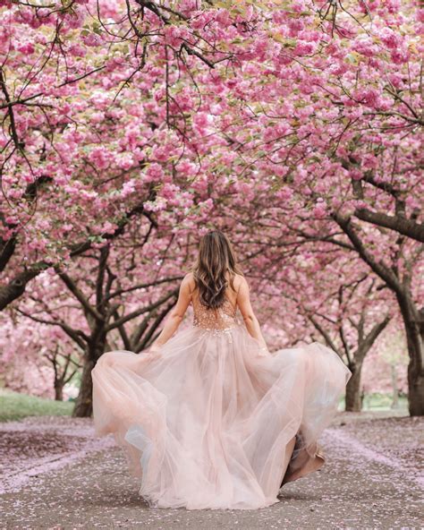 A Woman In A Pink Dress Is Walking Through The Park With Cherry