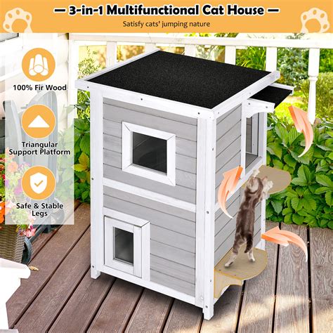 Tangkula Outdoor Cat House Wooden 2 Story Outside Cat Shelter Condo