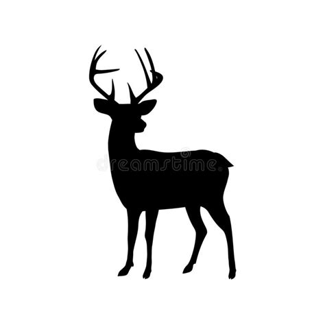 Black Vector Silhouette Of Horned Deer On White Background Isolated