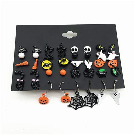 Christmas Halloween Stud Earring Set Women Bat Pumpkin Lamp Spider Web