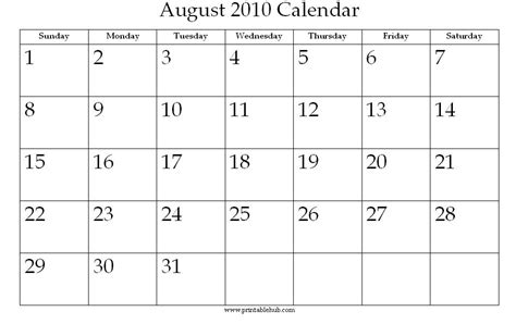 August 2010 Printable Calendar Printable Hub