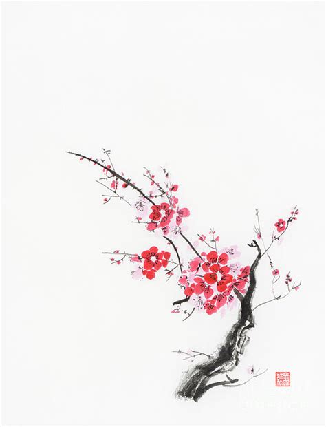 Cherry Blossom Abstract Japanese Zen Painting Of Sakura Branch W