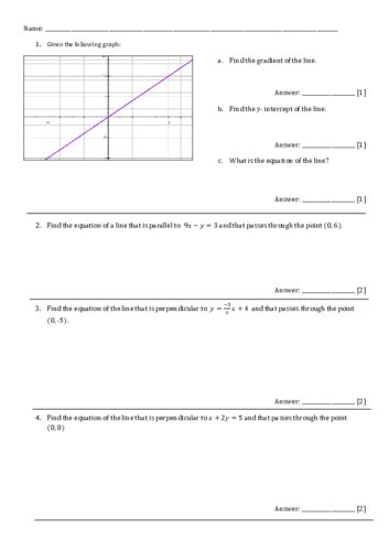Straight Line Graphs Gcse Revision Worksheet Answers Teaching