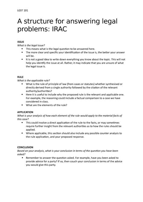 Irac Handout Lgst 101 A Structure For Answering Legal Problems Irac