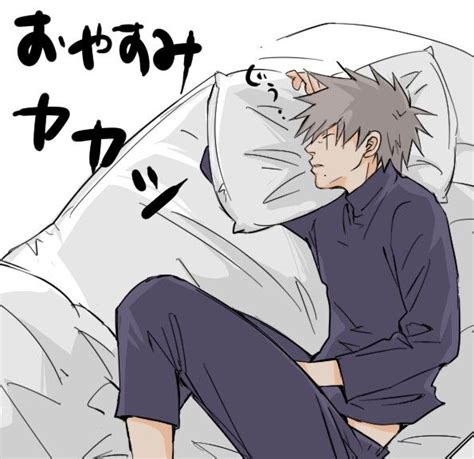An Anime Character Is Laying In Bed With His Head On The Pillow And