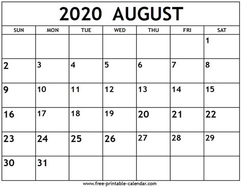 June August 2020 Blank Clanedars Example Calendar Printable