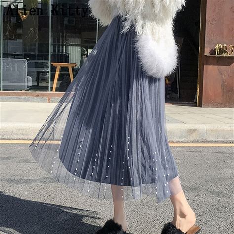 Alien Kitty Women Winter Elegant Skirts Elastic High Waist Appliques Loose Pleated Fashion