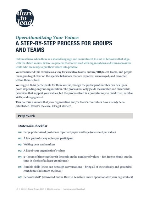 Dare To Lead Operationalizing Your Values A Step By Step Process For Groups And Teams Brené Brown