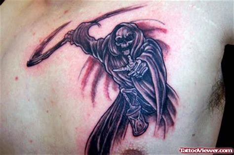 Colored Grim Reaper Tattoo On Chest Tattoo