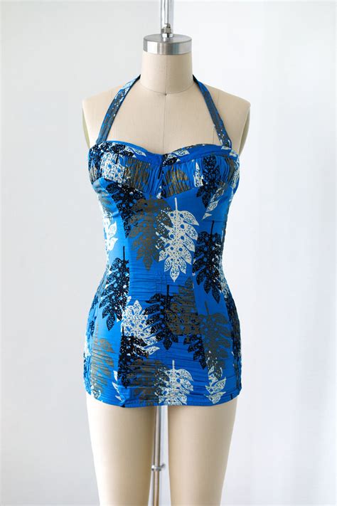 Vintage 1950s Swimsuit Incredible Shaheen Level Blue Gold Etsy