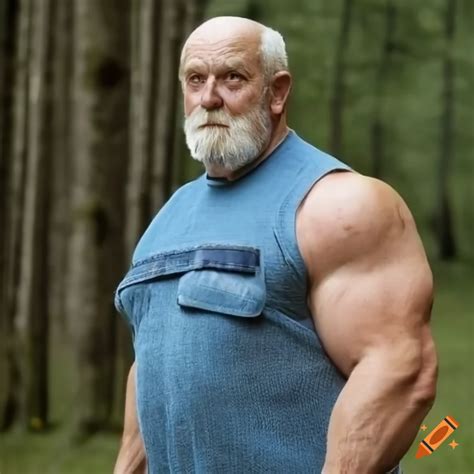 Muscular Old Man In Flannel Shirt Lifting Weights In Forest On Craiyon