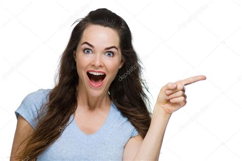 Happy Surprised Woman Pointing ⬇ Stock Photo Image By © Jaykayl 30550347