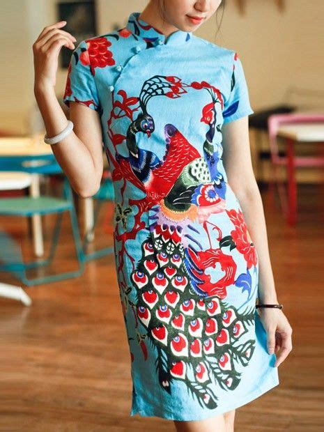 blue short linen qipao cheongsam dress in retro print traditional chinese dress traditional