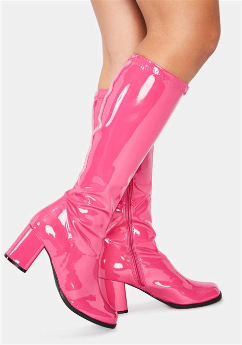 Gogo 300 Patent Block Heel Knee High Boots Pink Dolls Kill