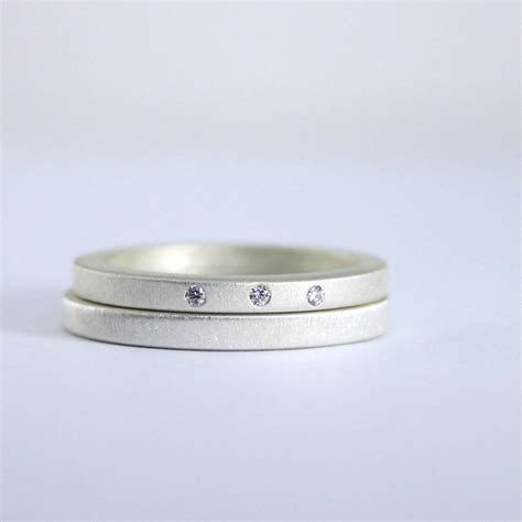 Three Diamond Wedding Ring Set Matte Finish Sterling Silver Eco