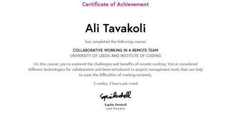 Certificate Of Achievement For Collaborative Working In A Remote Team
