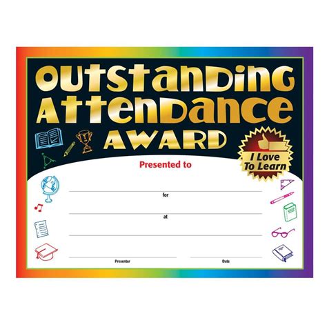 Outstanding Attendance Award Gold Foil Stamped Certificates Pack Of