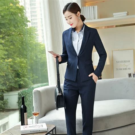 New 2019 Formal Navy Blue Blazer Women Pant Suits Work Wear Ladies