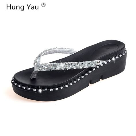 Hung Yau Women Diamond Wedge Sandals Slippers Shiny Bling Flip Flops Thick Bottom Slippers