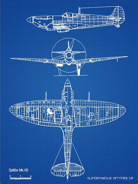 Supermarine Spitfire 5b Fighter Plane Blueprint Plan Premium Wall Art