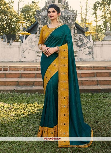 Buy Faux Chiffon Embroidered Designer Saree In Teal Online Saree