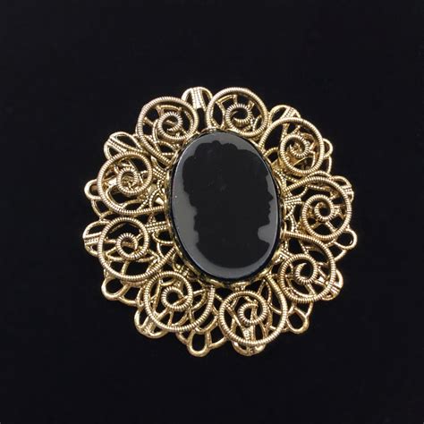 Vintage Black Silhouette Cameo Brooch Black Cameo Brooch With Gold