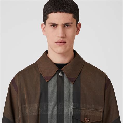 Check Cotton Blend Field Jacket In Dark Birch Brown Men Burberry