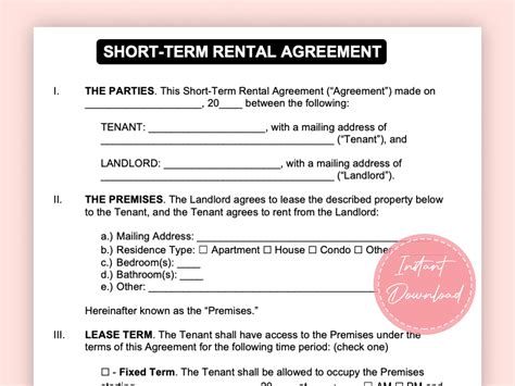 Vacation Rental Agreement Short Term Rental Agreement Short Term Rental