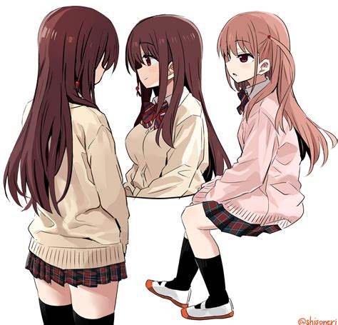 Shisoneri Atarashi Ako Matsumi Kuro Saki 2girls Brown Hair Cardigan Full Body Long Hair