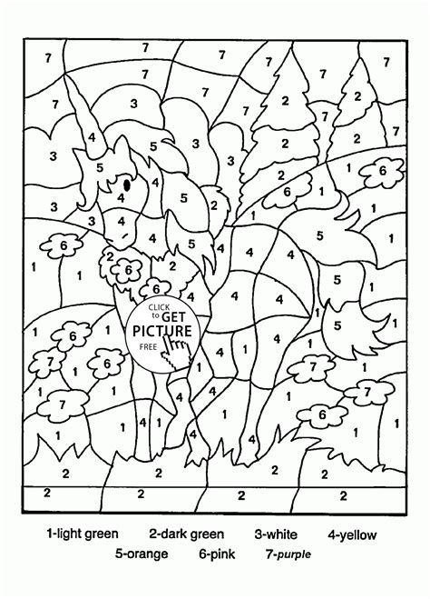 Color by Number Beautiful Unicorn coloring page for kids, education