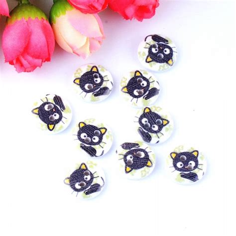 Free Shipping Retail 50pc Random Mixed 2 Holes Print Cat Wood Buttons