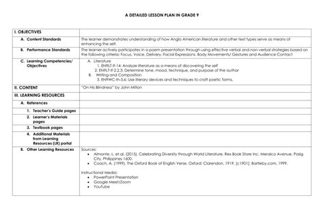 Grade 9 Lesson Plan Lesson Plan Teachers