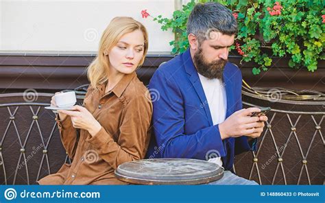 Morning Starts With Coffee And Internet Woman And Man With Beard Relax