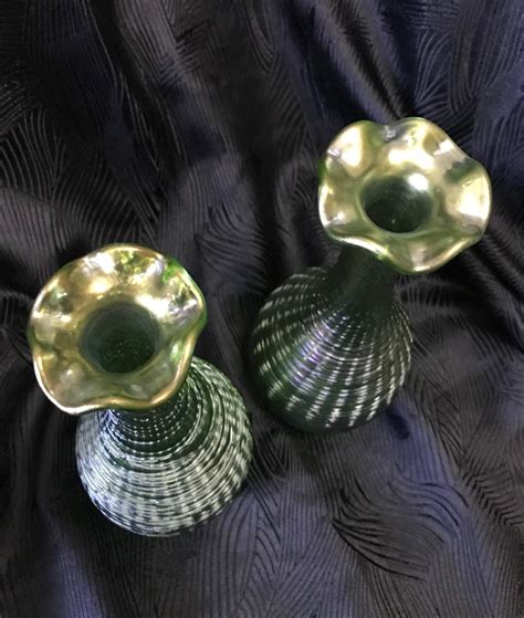 Pair Bohemian Art Nouveau Green Glass Vases Loetz Creta Chine Collectors Weekly