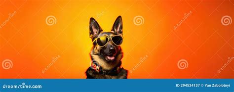 Portrait German Shepherd Dog With Sunglasses Orange Background German