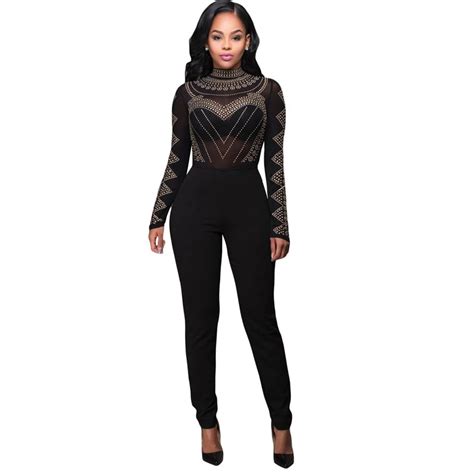 Women Rompers Jumpsuit Long Sleeve Perspective Sexy Club Jumpsuits Geometric Rhinestone Bodycon